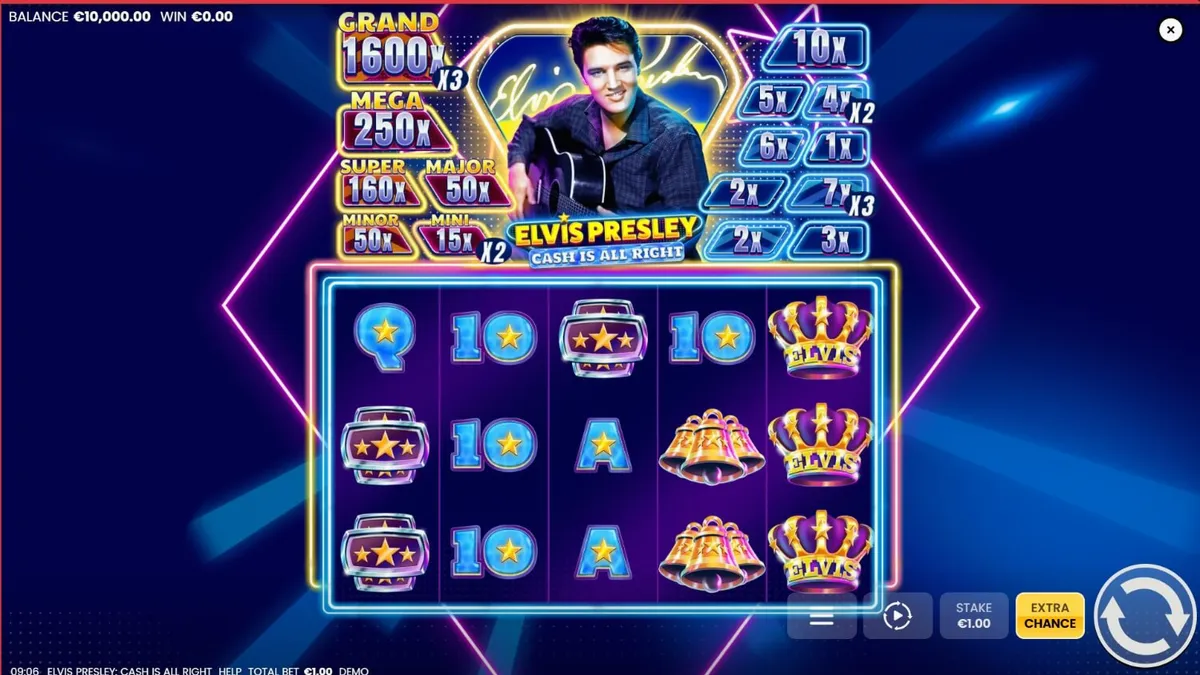 Tampilan visual neon dari slot Elvis Presley: Cash is All Right dengan simbol ikonik.
