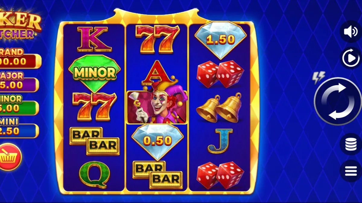Tampilan antarmuka slot Joker Catcher dengan simbol klasik dan Joker di tengah.