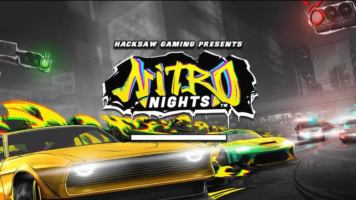 Tampilan layar permainan slot Nitro Nights dengan tema balap neon
